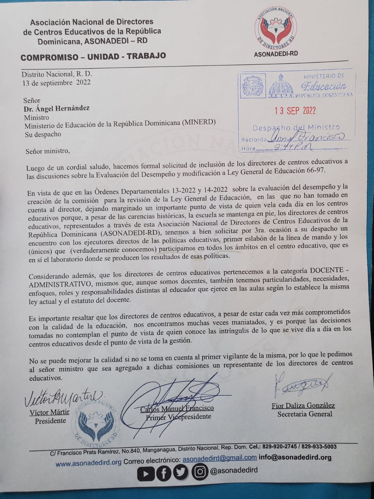 Ministro de Educación recibirá Directores de Centros Educativos ASONADEDI